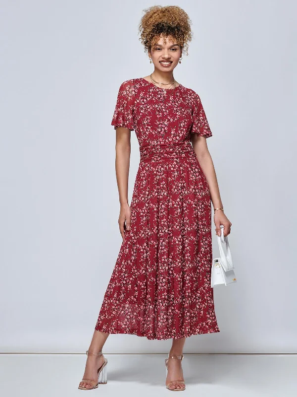 Julita Floral Mesh Midi Dress, Wine Floral