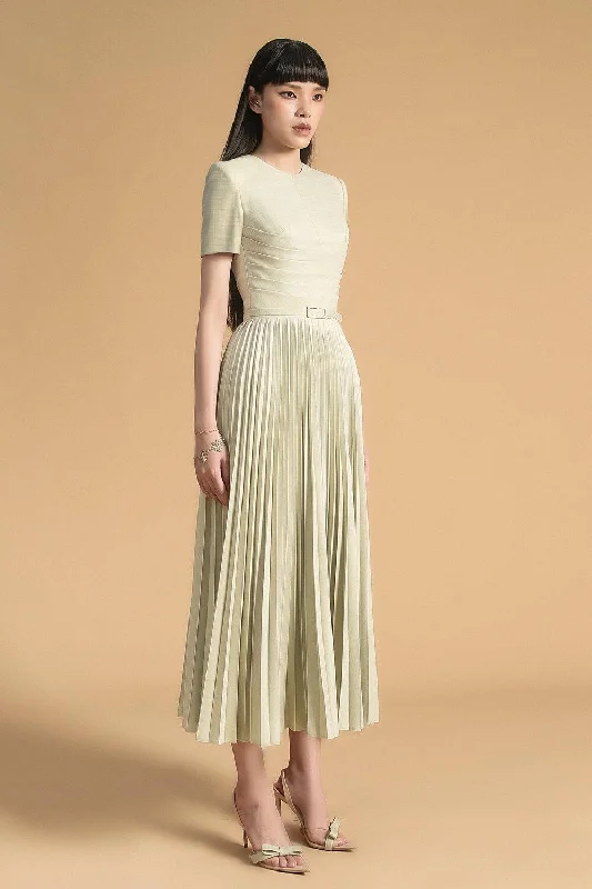 Linnea Pleated Round Neck Polyester Midi Dress