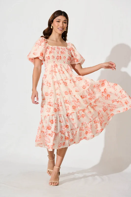 Luella Midi Dress In Orange Floral Cotton Blend