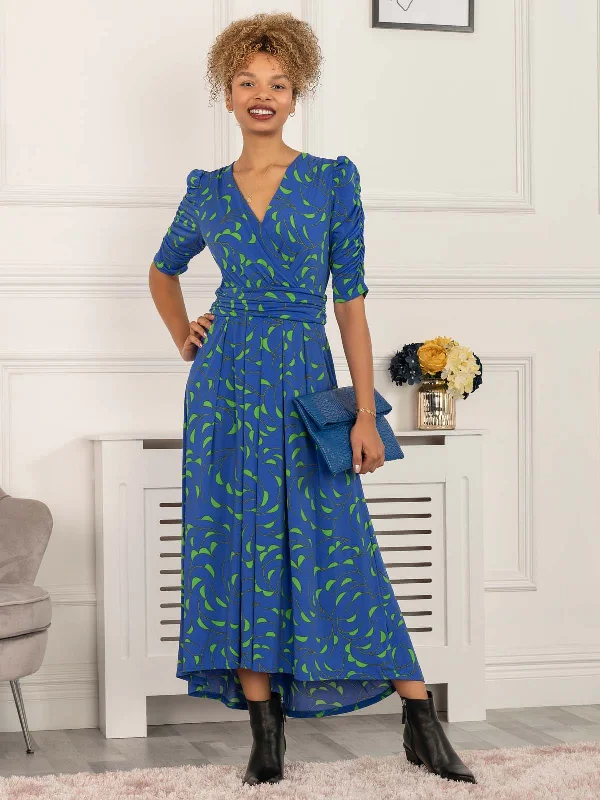 Maanasi Ruched Sleeve Jersey Maxi Dress, Blue Pattern