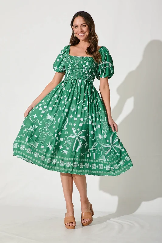 Mariam Midi Dress In Green With White Print