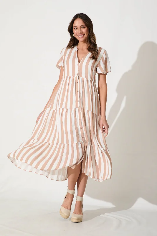 Marvela Midi Shirt Dress In Beige With White Stripe