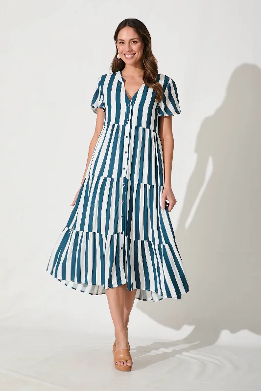 Marvela Midi Shirt Dress In Teal with White Stripe