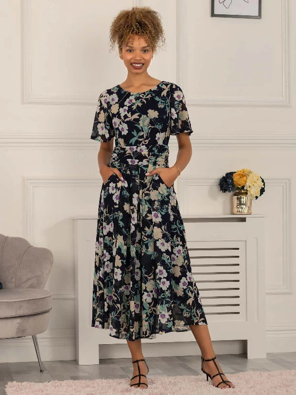 Nadine Floral Print Chiffon Dress, Navy