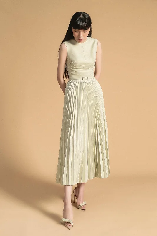 Nancy Pleated Sleeveless Polyester Midi Dress