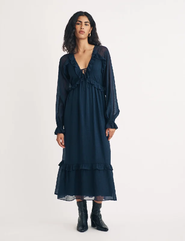 Navy Ruffle Trim Aries Midi Dress