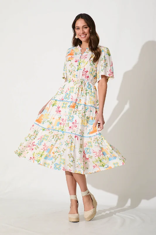 Posie Midi Dress In Bright Multi Print Linen Blend