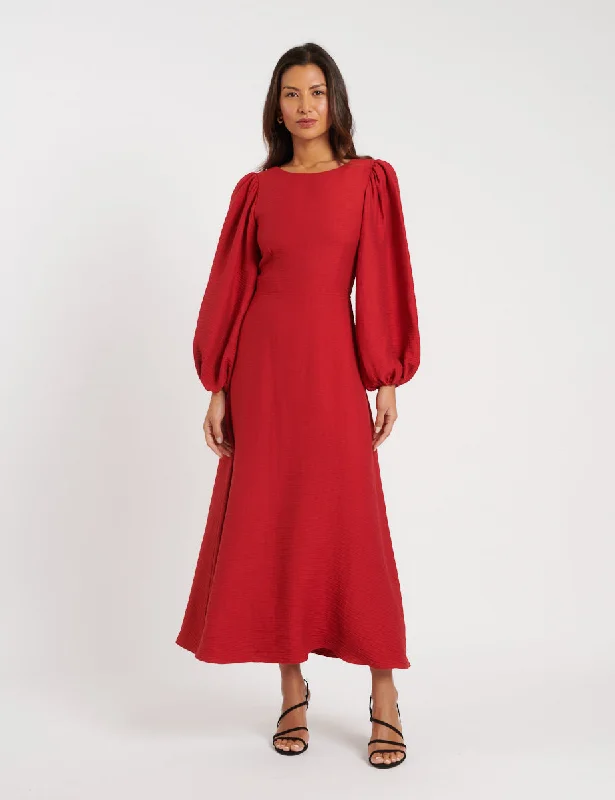 Red Puff Sleeve Zola Midi Dress