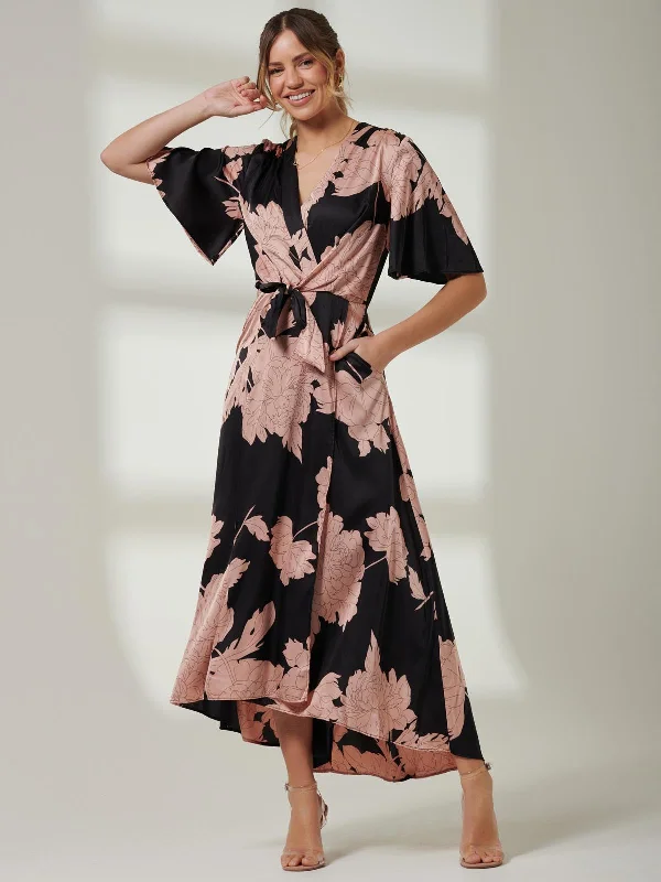 Willow Satin Wrap Tie Waist Dress, Black Pink Floral