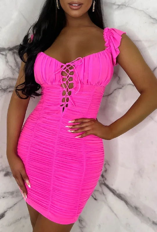 Juicy Hot Pink Stretch Ruched Lace Up Mesh Mini Dress Limited Edition