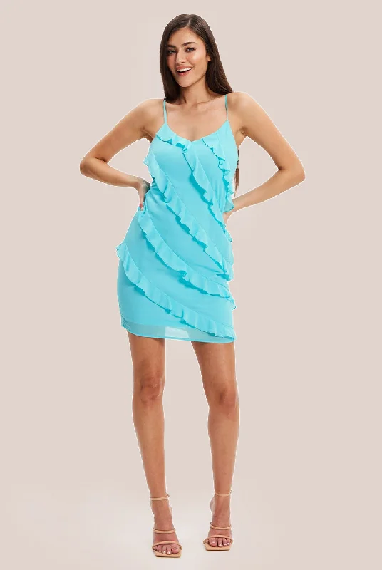 Liquorish Diagonal Ruffled Mini Dress With Strip In Turquoise