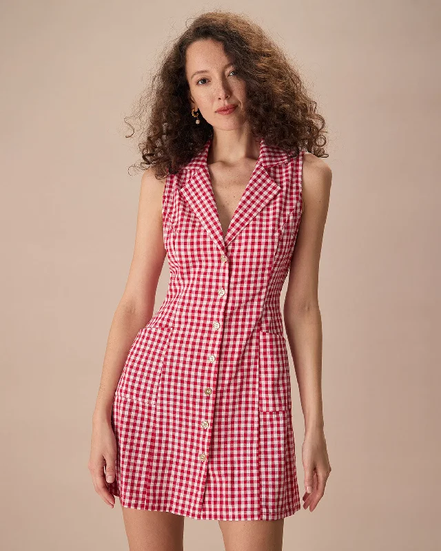 The Lapel Plaid Sleeveless Cotton Pocket Mini Dress