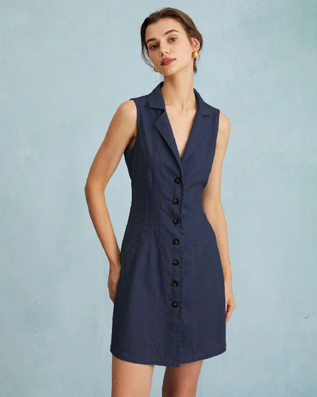 The Navy Lapel Button-up Sleeveless Mini Dress