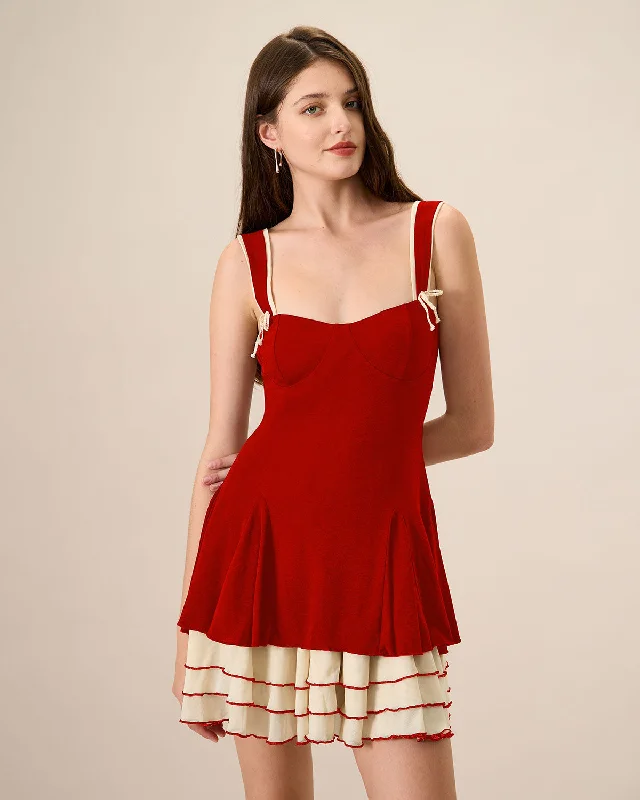 Women's Red Contrasting Bodycon Knitted Mini Dress