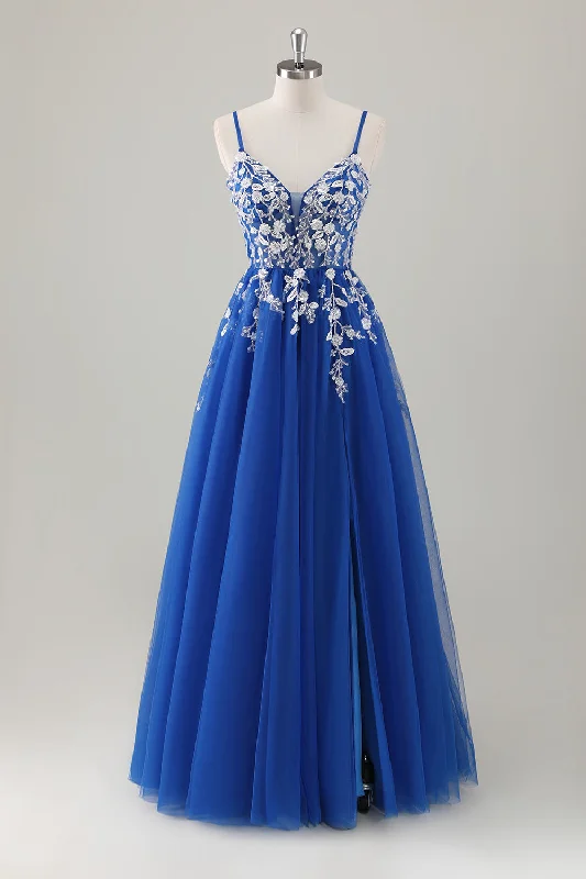 Royal Blue Ball-Gown Long Appliqued Prom Dress with Slit