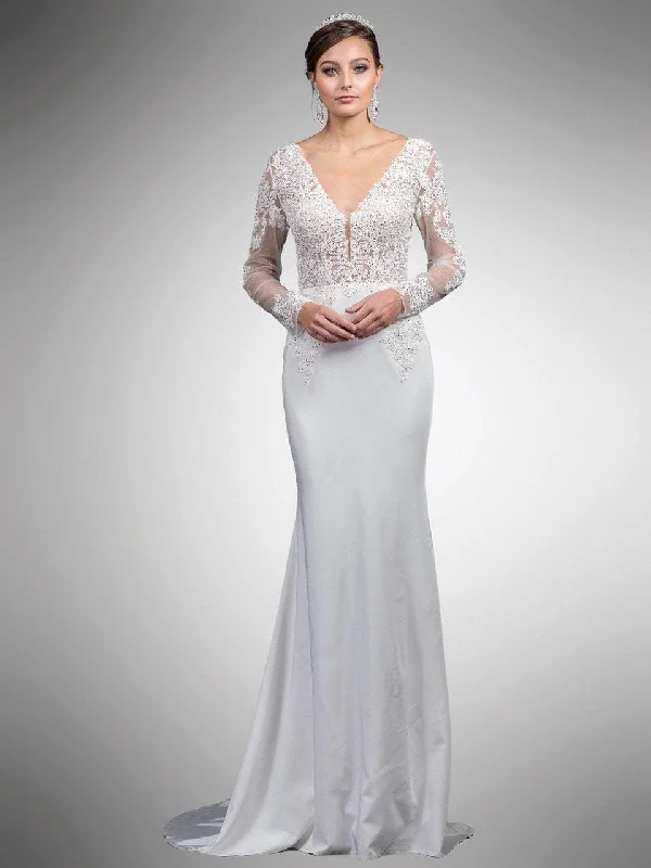 Dancing Queen Bridal - 52 Beaded Lace Long Sleeve V-neck Sheath Dress