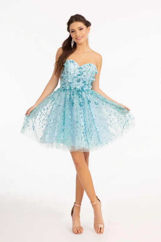 Homecoming Strapless Floral Applique Short Dress