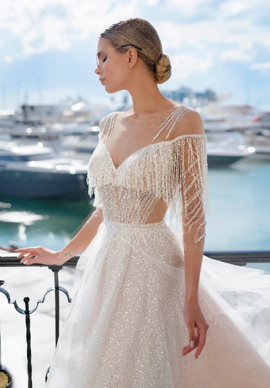 Illusion Neckline Fringe Wedding Dress