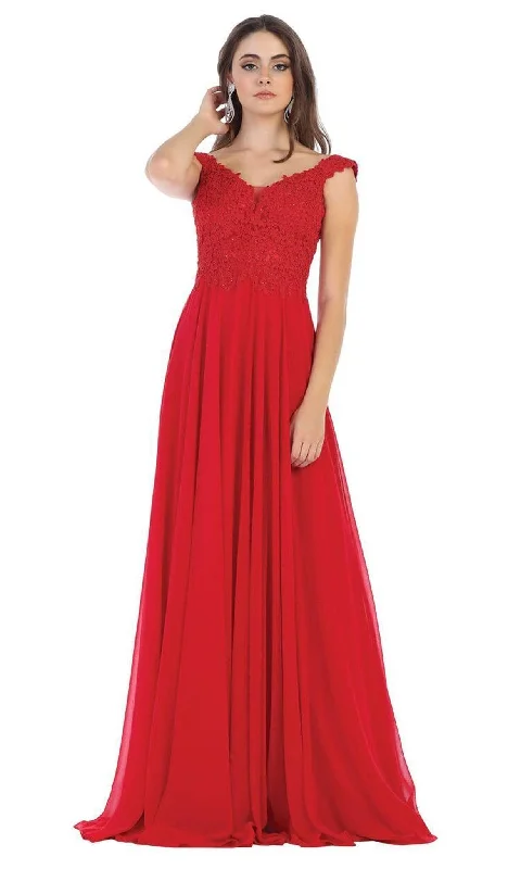 May Queen - V Neck Lace Applique Chiffon Long Formal Dress MQ1602