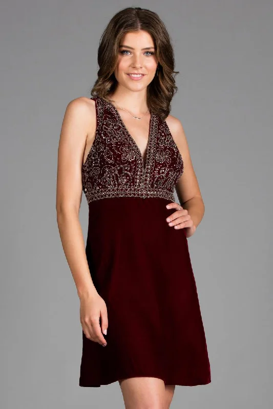 SCALA - 48913 Beaded Plunging V-neck Velvet A-line Dress