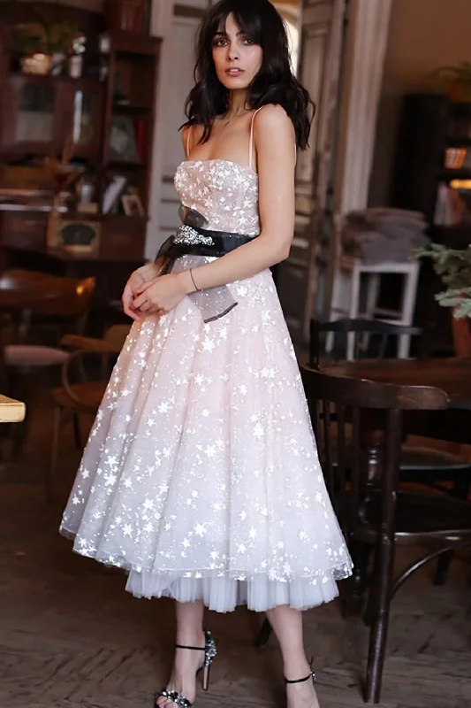 A-Line Spaghetti Strap Tea Length Pearl Pink Tulle Prom Homecoming Dress