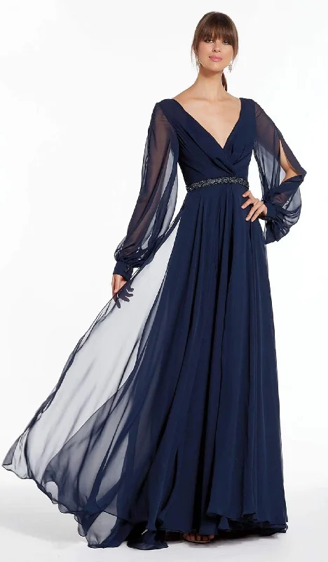 Alyce Paris - Sheer Long Sleeve V-Neck Chiffon Gown 27295