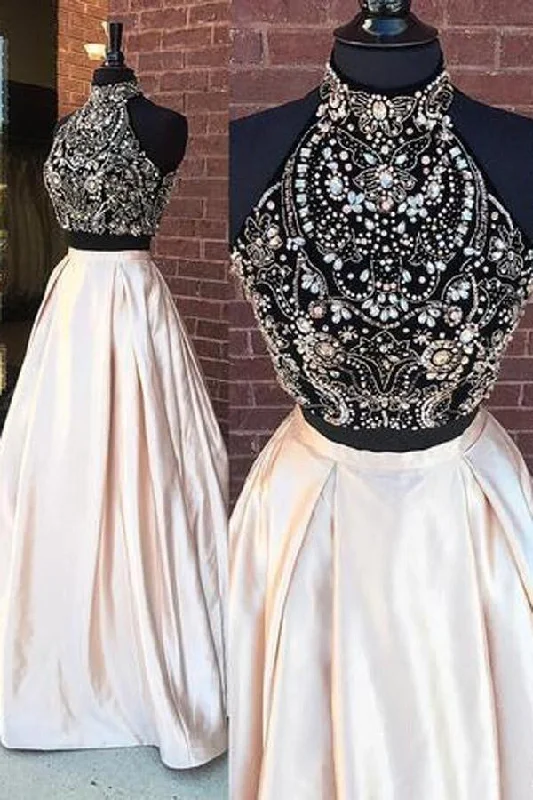 Elegant Two Pieces High Neck Beaded Long Prom Dresses PG513