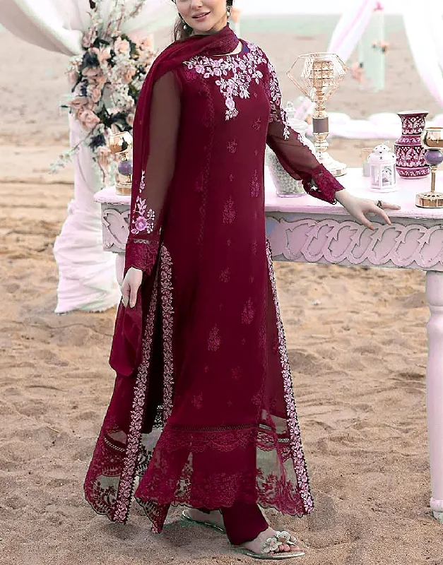 Elegant Embroidered Maroon Chiffon Party Wear Dress 2024 (DZ16515)