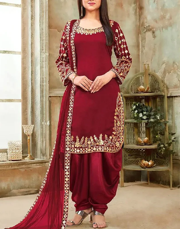 Mirror Work Embroidered Maroon Chiffon Dress (DZ13564)