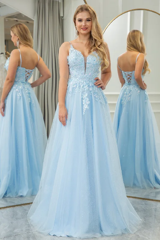 Light Blue A Line Tulle Long Prom Dress With Appliques