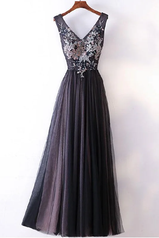 Long Prom Dresses Straps V-neck A-line Embroidery Sexy Gray Prom Dress  PG554