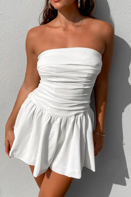 Simple A-Line Strapless Mini Pleaded White Graduation Dress