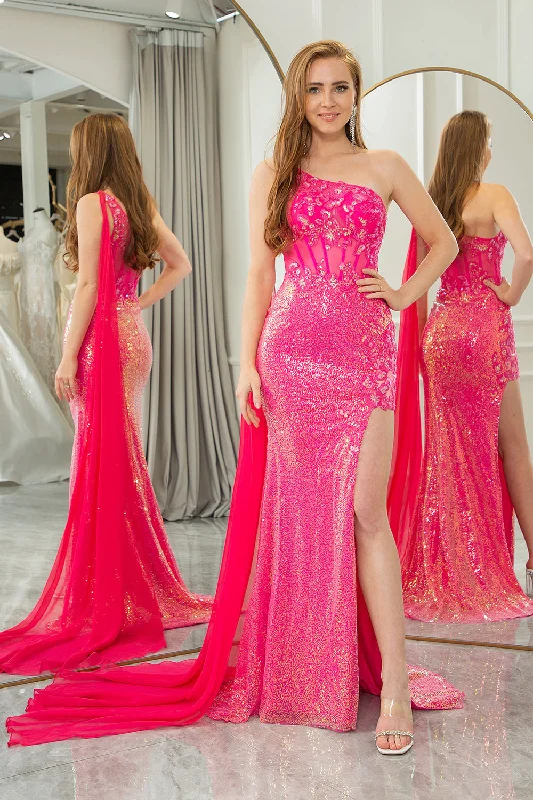 Sparkly Fuchsia Mermaid One Shoulder Long Corset Prom Dress With Slit