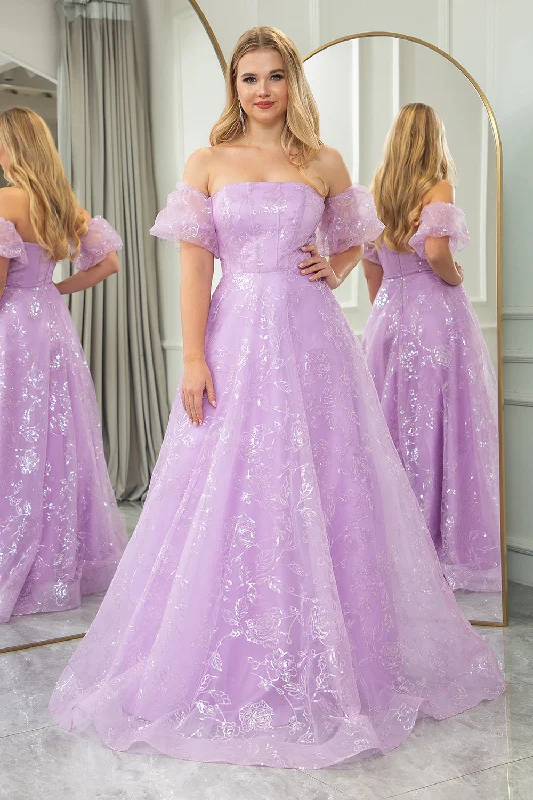 Sparkly Lilac A Line Strapless Long Prom Dress With Embroidery