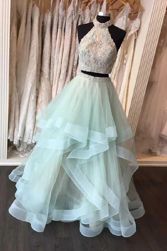 Two Piece High Neck Floor-Length Open Back Mint Organza Prom Dress PG551