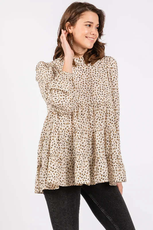 Ivory Animal Print Mock Neck Tiered Top