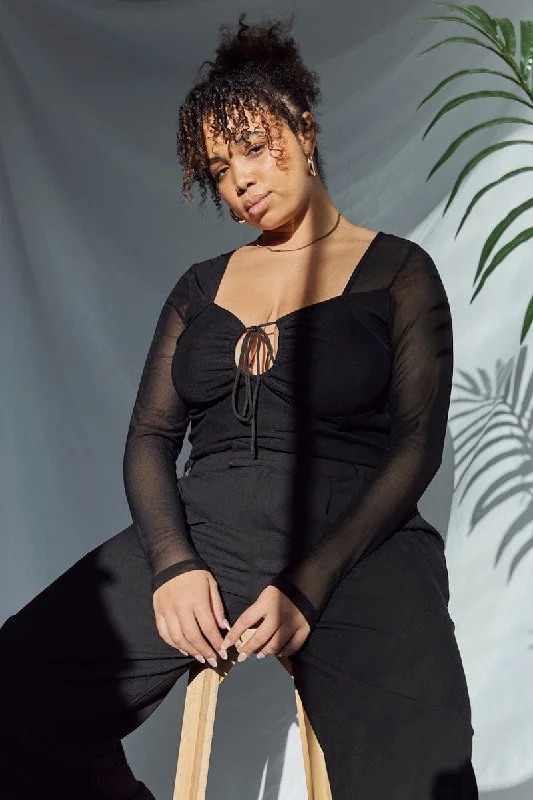 Black Bodysuit Long Sleeve Mesh