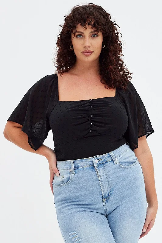 Black Ruched Bodysuit Short Sleeve