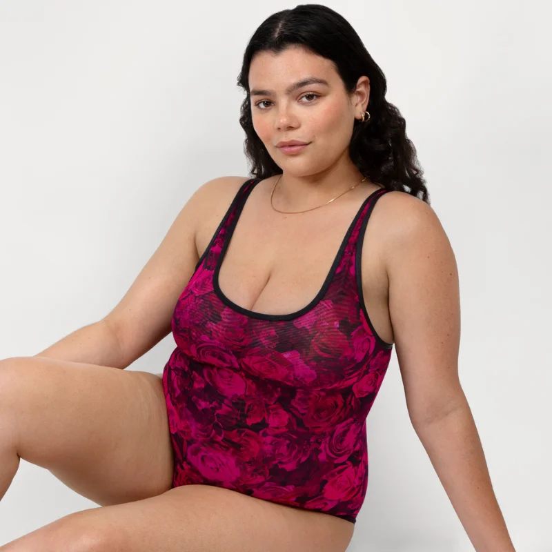 Curvy Couture Sheer Mesh Bodysuit Dramatic Roses