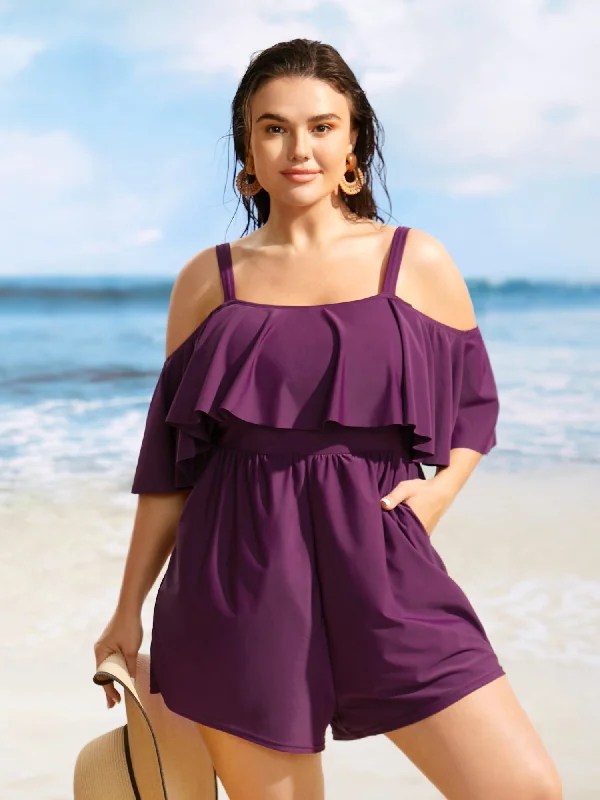 Solid One Shoulder Neck Ruffle Trim One Piece Swimsuit