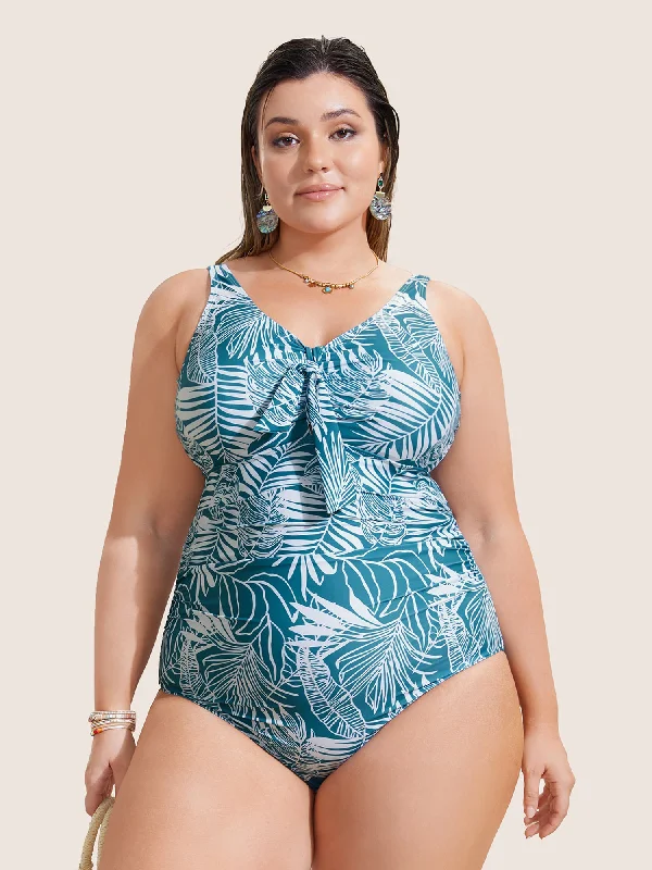 Tropical Print Knotted Gathered One Piece Swimsuit