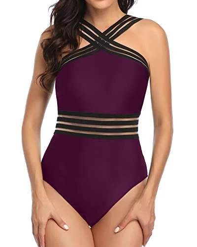 Tummy Control Mesh Panel Crisscross One Piece Swimsuit-Maroon