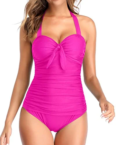 Flattering Shirred Ruched Swimwear Halter Bathing Suits For Women-Neon Pink